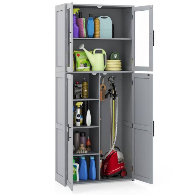 Gymax Utility Organizer Broom Closet Storage Cabinet With Hanging Hooks in Grey - image 1