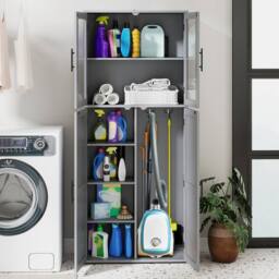 Gymax Utility Organizer Broom Closet Storage Cabinet With Hanging Hooks in Grey - thumbnail 4