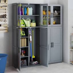 Gymax Utility Organizer Broom Closet Storage Cabinet With Hanging Hooks in Grey - thumbnail 6