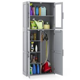 Gymax Utility Organizer Broom Closet Storage Cabinet With Hanging Hooks in Grey - thumbnail 1