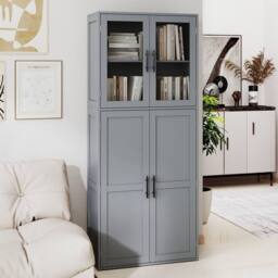 Gymax Utility Organizer Broom Closet Storage Cabinet With Hanging Hooks in Grey - thumbnail 5