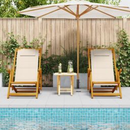 Berkfield Home Folding Beach Chairs 2 pcs Cream Solid Wood Acacia & Textilene - thumbnail 1
