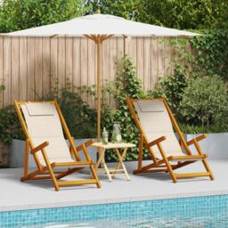 Berkfield Home Folding Beach Chairs 2 pcs Cream Solid Wood Acacia & Textilene - thumbnail 3