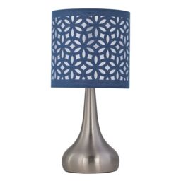 First Choice Lighting Romana - Brushed Chrome Touch Table Lamp with Navy Blue Laser Cut in Silver - thumbnail 1