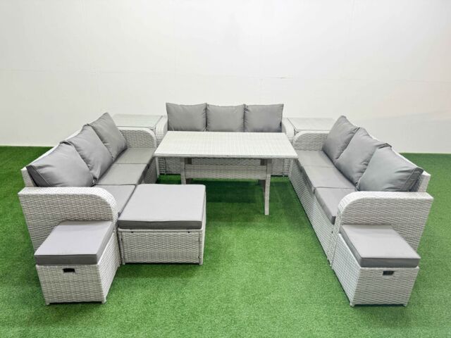 Fimous PE Rattan Lounge Sofa Set 12 Seater Outdoor Garden Furniture Set with Rectangular Dining Table 3 Seater Sofa 3 Stools 2 Side Table Light Grey - image 1