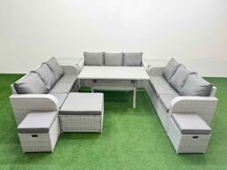 Fimous PE Rattan Lounge Sofa Set 12 Seater Outdoor Garden Furniture Set with Rectangular Dining Table 3 Seater Sofa 3 Stools 2 Side Table Light Grey - thumbnail 1