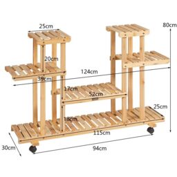 Costway 4-Tier Flower Plant Stand Wooden Flower Rack Display Shelf w/ Wheels & 8 Shelves in Natural - thumbnail 2