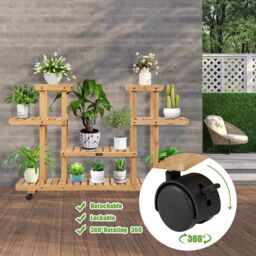 Costway 4-Tier Flower Plant Stand Wooden Flower Rack Display Shelf w/ Wheels & 8 Shelves in Natural - thumbnail 4