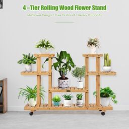 Costway 4-Tier Flower Plant Stand Wooden Flower Rack Display Shelf w/ Wheels & 8 Shelves in Natural - thumbnail 5