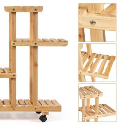 Costway 4-Tier Flower Plant Stand Wooden Flower Rack Display Shelf w/ Wheels & 8 Shelves in Natural - thumbnail 6