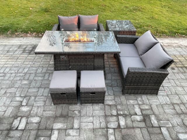 Fimous 6 Pieces Garden Furniture Sets Poly Rattan Outdoor Patio Gas Firepit Dining Table Sofa Set with Side Table 2 Small Footstools in Dark Grey - image 1
