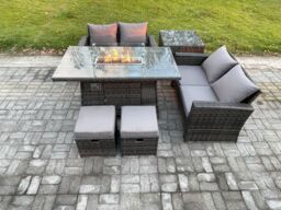 Fimous 6 Pieces Garden Furniture Sets Poly Rattan Outdoor Patio Gas Firepit Dining Table Sofa Set with Side Table 2 Small Footstools in Dark Grey - thumbnail 1