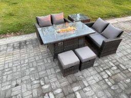 Fimous 6 Pieces Garden Furniture Sets Poly Rattan Outdoor Patio Gas Firepit Dining Table Sofa Set with Side Table 2 Small Footstools in Dark Grey - thumbnail 2