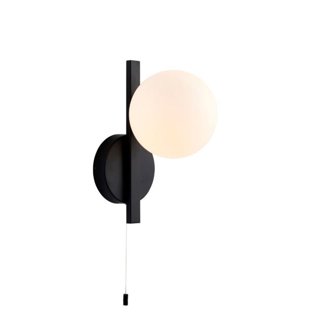 Loops Matt Black Contemporary Bathroom Wall Light & Opal Sphere Glass Shade IP44 Rated - image 1