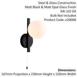Loops Matt Black Contemporary Bathroom Wall Light & Opal Sphere Glass Shade IP44 Rated - thumbnail 2