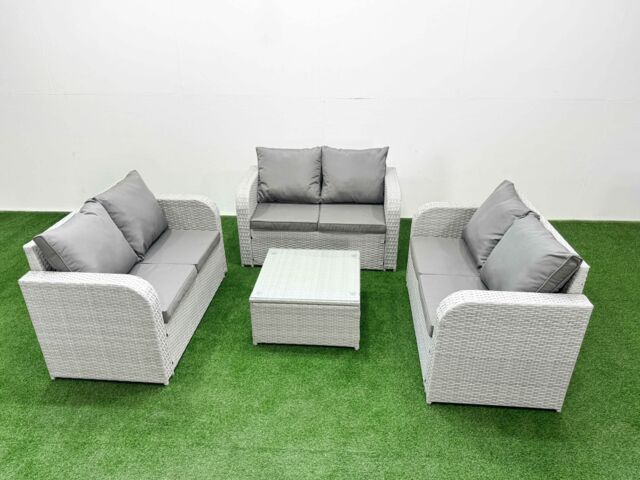 Fimous 6 Seater PE Wicker Rattan Furniture Sofa Sets with Square Coffee Table 2 Seater Love Sofa Light Grey - image 1