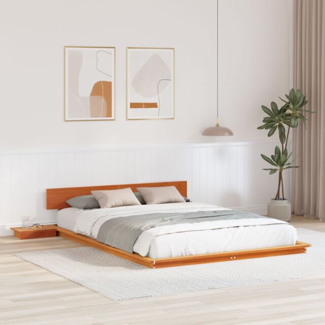 Berkfield Home Floor Bed Frame with Bedside Tables Wax Brown 150x200cm Solid Wood - Size: 150x200 cm - image 1