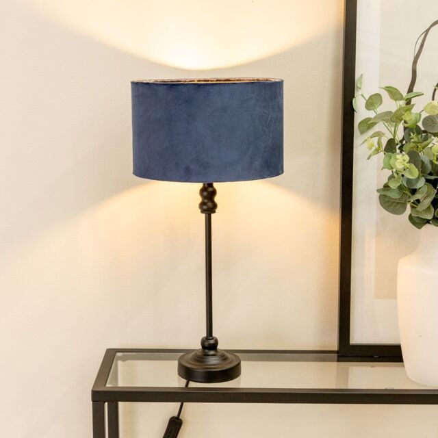 ValueLights Maggie Black Metal Candlestick Slim Table Lamp with Velvet Drum Lamp Shade in Navy