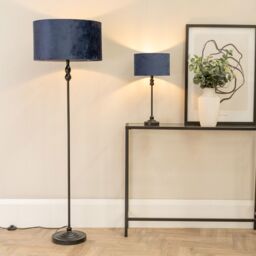 ValueLights Maggie Black Metal Candlestick Slim Table Lamp with Velvet Drum Lamp Shade in Navy - thumbnail 4