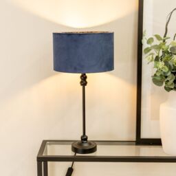 ValueLights Maggie Black Metal Candlestick Slim Table Lamp with Velvet Drum Lamp Shade in Navy - thumbnail 1