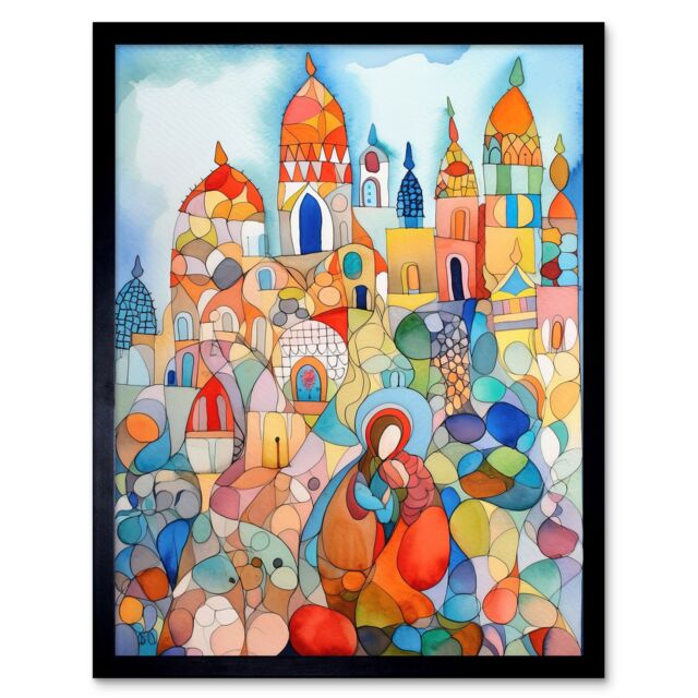 "Artery8 Wall Art Print Abstract Moroccan Cityscape Folk Art Framed in Black - Size: W12"" x H16""" - image 1