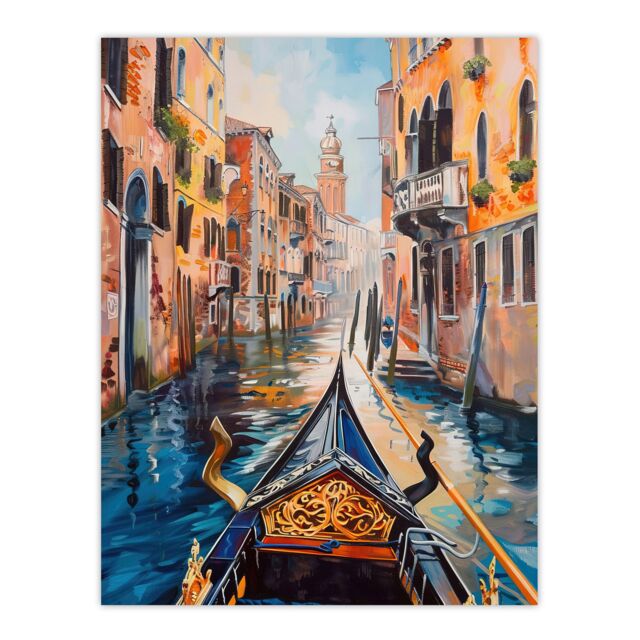 "Artery8 Venice Canal Gondola Ride View Oil Painting Wall Art Print - Size: W24"" x H32""" - image 1
