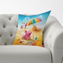 Warren Reed - Designer Pig On A Beach Holiday Cushions in Yellow - Size: 45 cm x 45 cm - thumbnail 3
