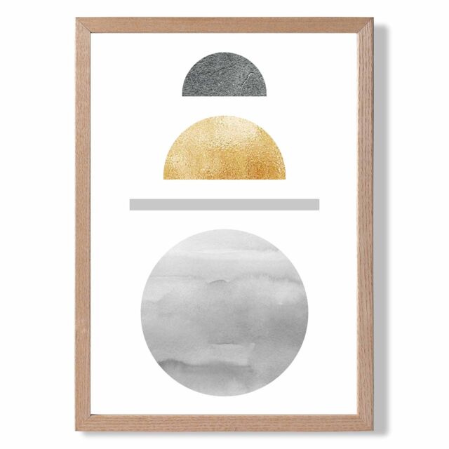 ARTZE Yellow & Grey Circles Mid Century Geometric Framed Print SIZE: A3 with Oak Frame - image 1
