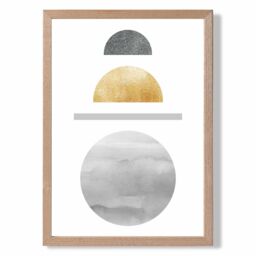 ARTZE Yellow & Grey Circles Mid Century Geometric Framed Print SIZE: A3 with Oak Frame