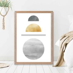 ARTZE Yellow & Grey Circles Mid Century Geometric Framed Print SIZE: A3 with Oak Frame - thumbnail 2