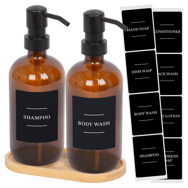 Harbour Housewares 2pc Glass Soap Dispenser Set with Bamboo Tray & Labels in Orange - image 1