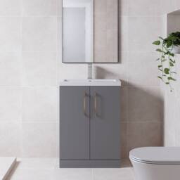 Balterley Bathroom Vanity Basin Unit, Brushed Bronze Handles, 600mm, Satin Grey - thumbnail 2