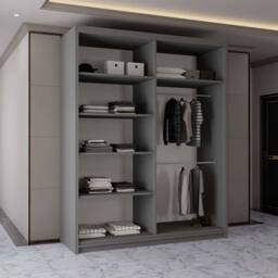 MN Furniture Wardrobe Modern Sliding Mirror Door - LED Light 150cm x 217cm in Grey - Size: 150 cm x 217 cm - thumbnail 3