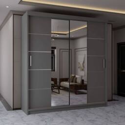 MN Furniture Wardrobe Modern Sliding Mirror Door - LED Light 150cm x 217cm in Grey - Size: 150 cm x 217 cm - thumbnail 1
