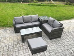 Fimous Outdoor Rattan Garden Furniture Set Patio Lounge Sofa Set with Coffee Table Side Table Big Footstool Dark Grey Mixed - thumbnail 1