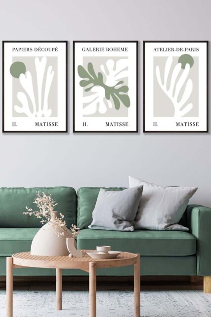 ARTZE Set of 3 Black Framed Matisse Floral Cut Out Style in Green & Beige Wall Art in Light Green - Size: W33 cm x H45 cm x D20mm - image 1