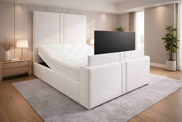 PARADISE BEDS LTD Luxury Upholstered Adjustable TV Bed in White - Size: Double