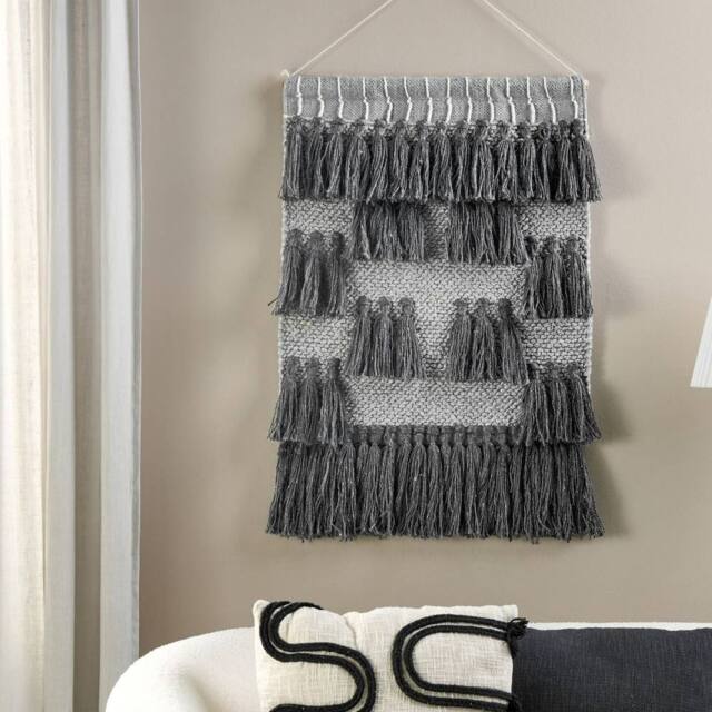 Wyld and Coco Grey Handwoven Cotton Wall Hanging Dark Tassels Boho Modern Living - image 1