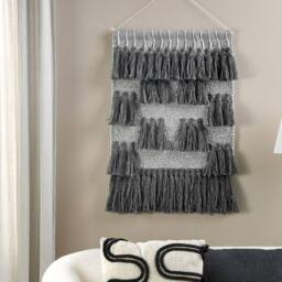 Wyld and Coco Grey Handwoven Cotton Wall Hanging Dark Tassels Boho Modern Living - thumbnail 1