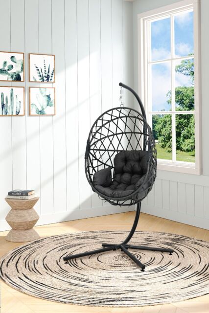 H&O Direct Outdoor Woven Hanging Chair with Stand & Cushion in Dark Grey - image 1
