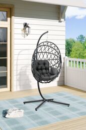 H&O Direct Outdoor Woven Hanging Chair with Stand & Cushion in Dark Grey - thumbnail 2