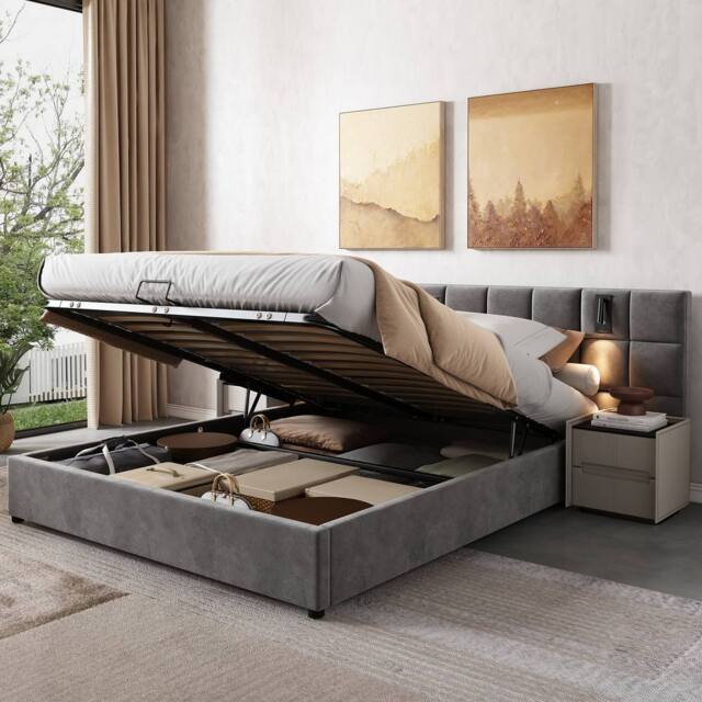 Matteo Super King Upholstered Bed Frame with Hydraulic Storage, Grey Velvet - image 1