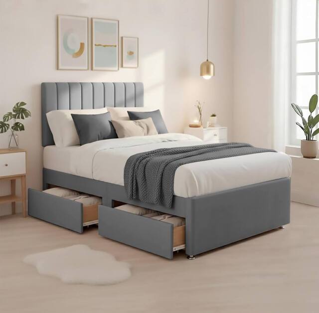 Bed Time UK Luxe Divan Bed Memory Foam Mattress 20in Headboard 2 Drawer Storage in Grey - Size: King - image 1