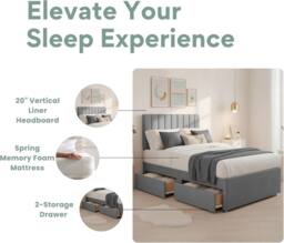 Bed Time UK Luxe Divan Bed Memory Foam Mattress 20in Headboard 2 Drawer Storage in Grey - Size: King - thumbnail 4