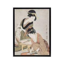 "Artery8 Women Preparing Sashimi Framed Canvas Wall Art Print Utamaro Kitagawa in Khaki - Size: W12"" x H16""" - thumbnail 1