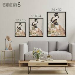 "Artery8 Women Preparing Sashimi Framed Canvas Wall Art Print Utamaro Kitagawa in Khaki - Size: W12"" x H16""" - thumbnail 4