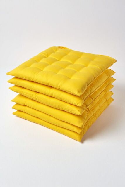 Homescapes 6 Pack Seat Pads Luxury 100% Cotton Indoor Outdoor Garden Cushion, 40cm in Yellow - Size: 40 cm x 40 cm - image 1