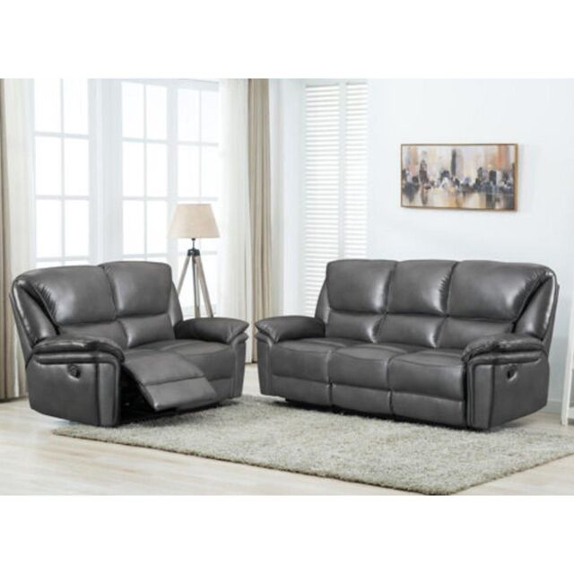 Furnishings For Less UK Boston Grey Leather Large Sofa Suite Manual Reclining Sofa Set 3 + 2 Seater Sofas - image 1