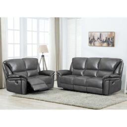 Furnishings For Less UK Boston Grey Leather Large Sofa Suite Manual Reclining Sofa Set 3 + 2 Seater Sofas