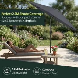 Keplin 2.7m Tilting Parasol Umbrella - Crank & Tilt Sun Shade with Cover in Grey - thumbnail 6